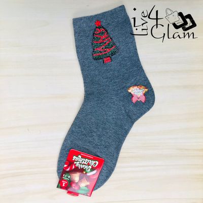 Pair Christmas Socks Sequin Tree Gray
