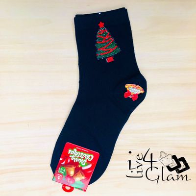 Pair Christmas Socks Sequin Tree Navy Blue