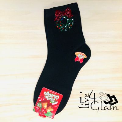 Pair Christmas Socks Sequin Wreath Black