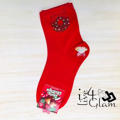 Pair Christmas Socks Sequin Wreath Red