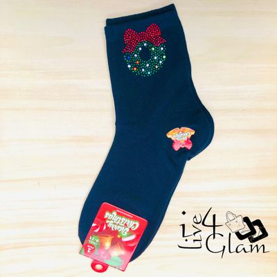 Pair Christmas Socks Sequin Wreath Navy Blue