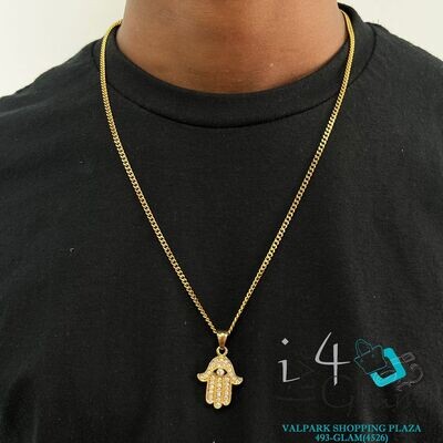 Stainless Steel Small Hamza CZ Pendant w Mini Cuban Chain