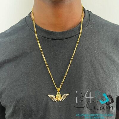 Stainless Steel Small Lion Head &amp; Wings CZ Pendant with Mini Cuban Chain
