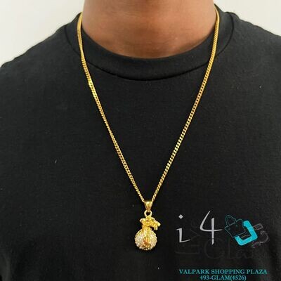 Stainless Steel Small Gold Money Bag CZ Pendant with Mini Cuban Chain