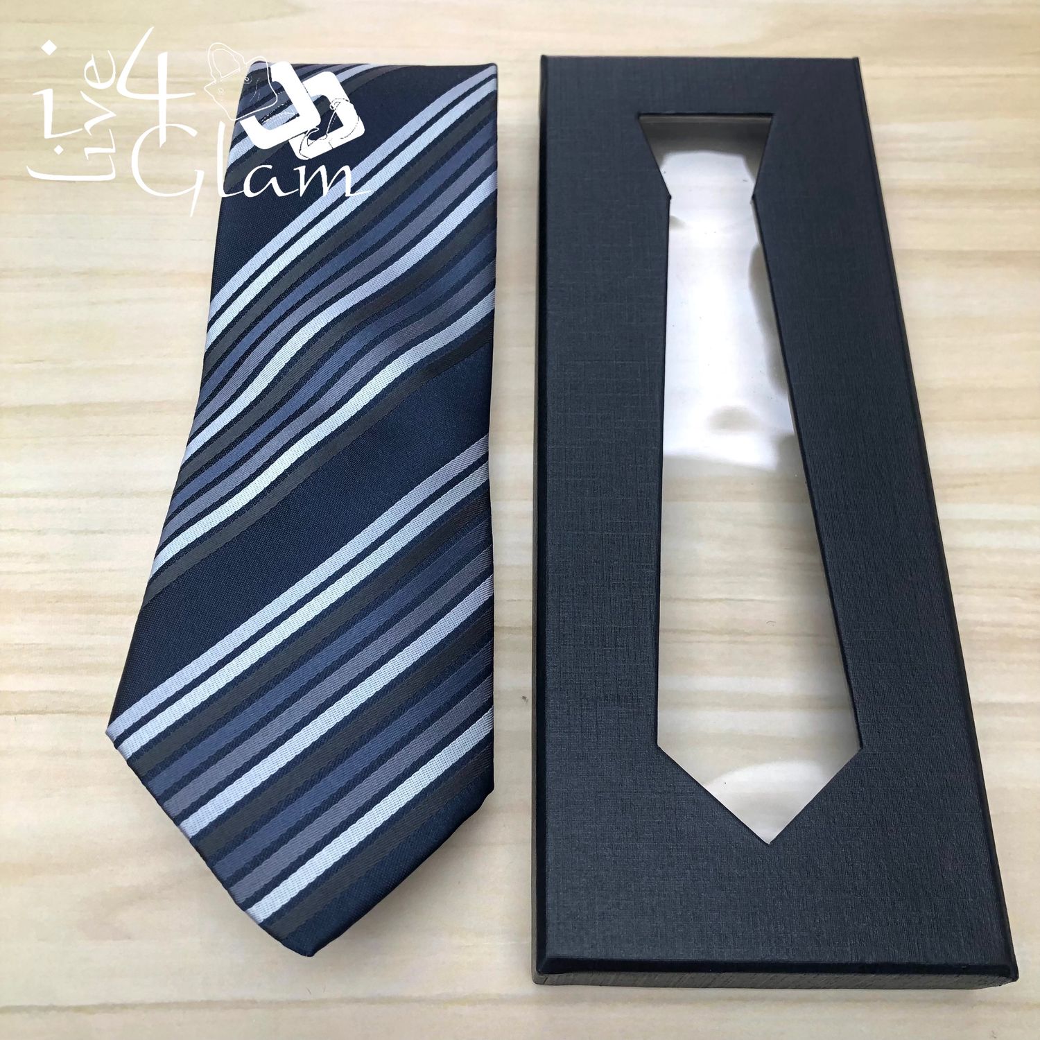 Men's Tie Navy Blue w Gray and Black Stripes