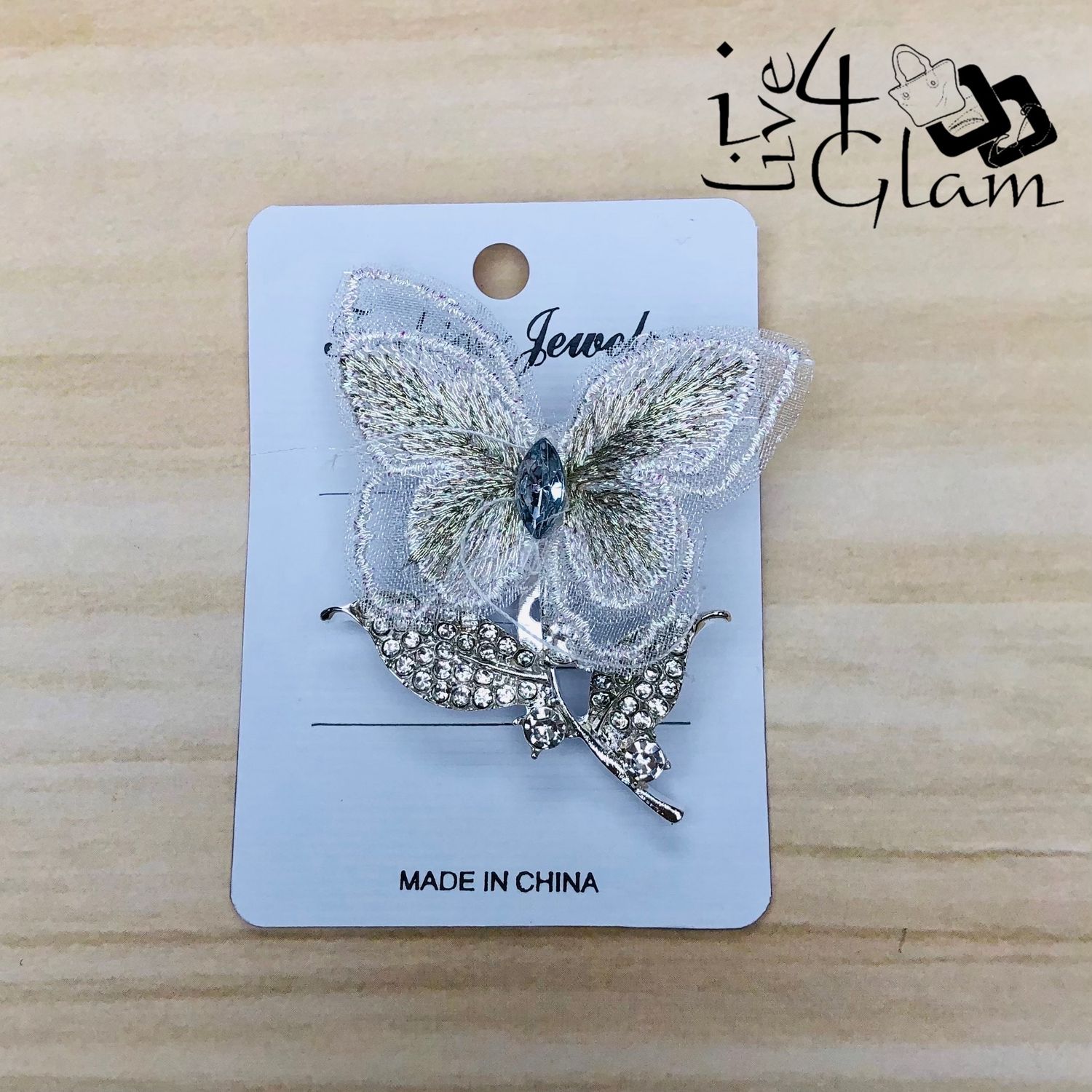White Butterfly Shaped Broach with Rhinestone Silver Stem