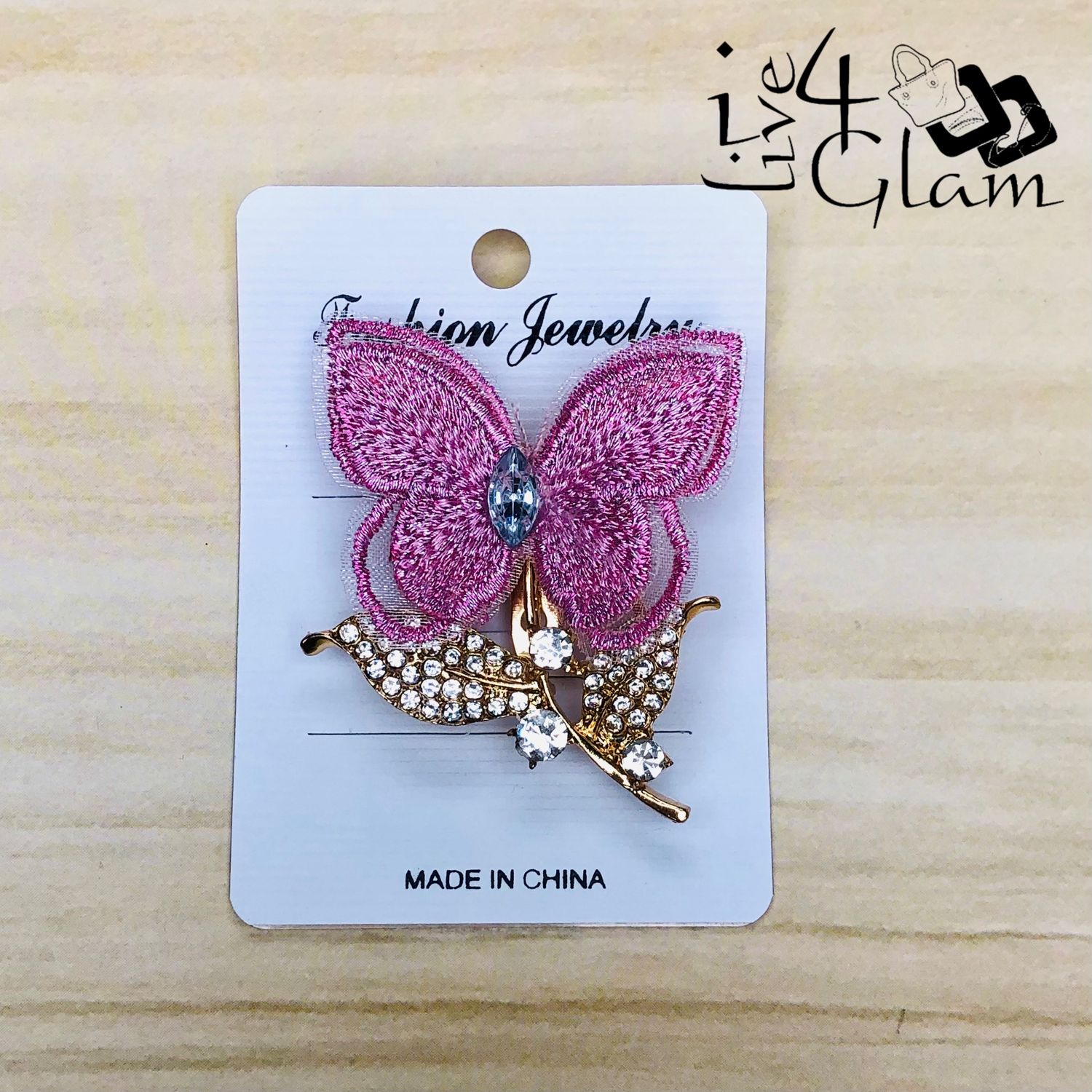 Pink Butterfly Shaped Broach with Rhinestone Gold Stem