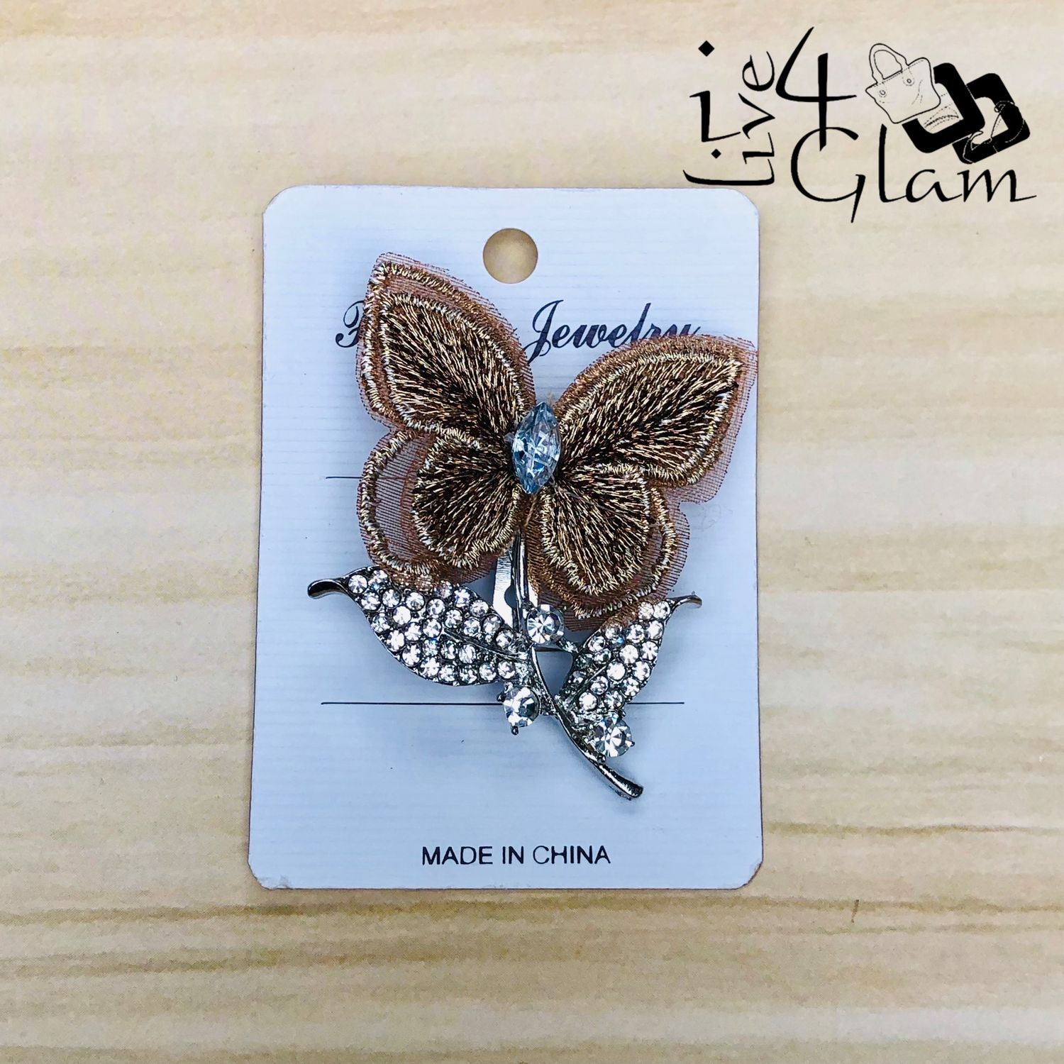Brown Butterfly Shaped Broach with Rhinestone Silver Stem