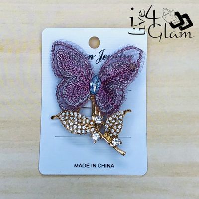Purple Butterfly Shaped Broach with Rhinestone Gold Stem