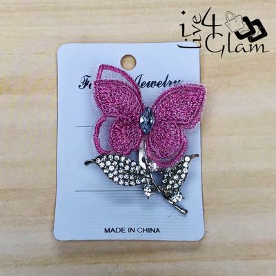 Dark Pink Butterfly Shaped Broach with Rhinestone Silver Stem