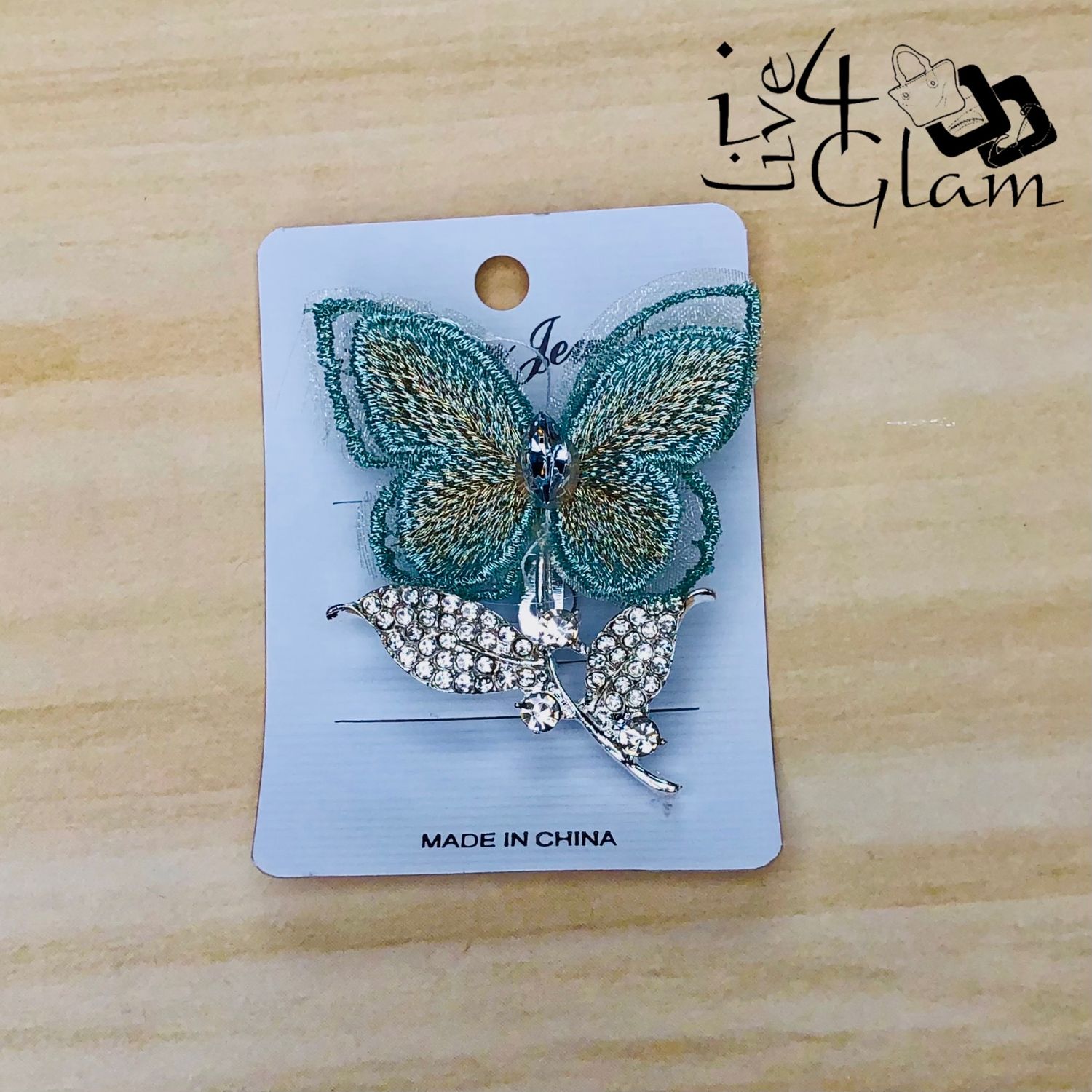 Blue and Green Butterfly Shaped Broach with Rhinestone Silver Stem