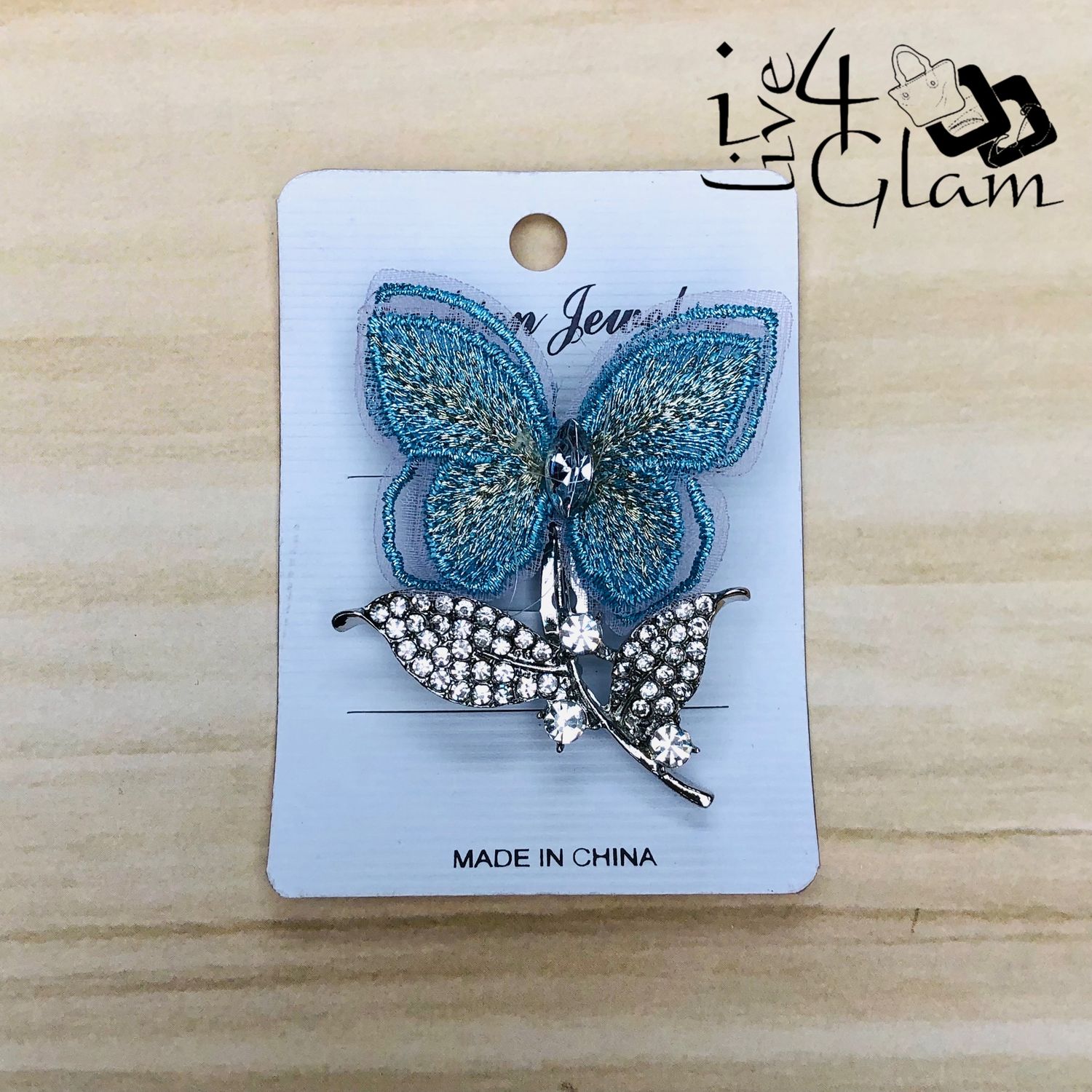 Blue Butterfly Shaped Broach with Rhinestone Silver Stem