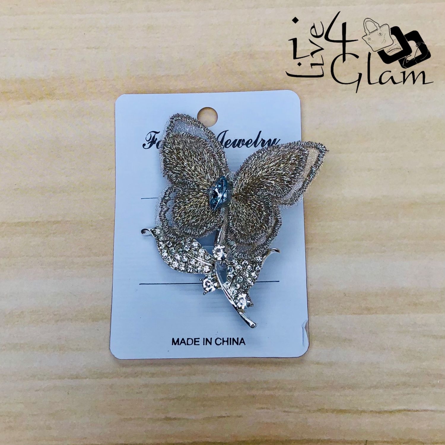 Gold Butterfly Shaped Broach with Rhinestone Silver Stem