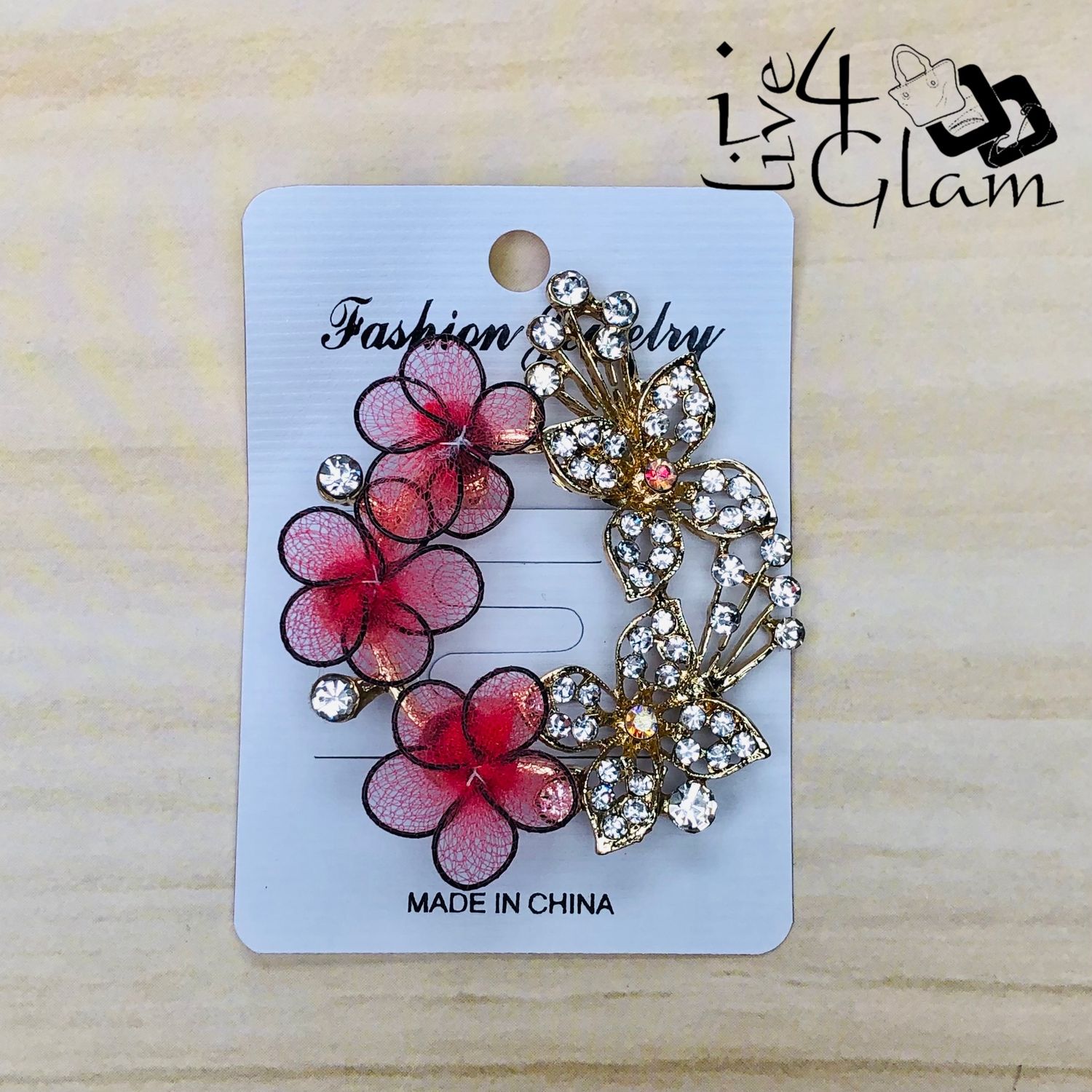 Pink Triple Flower with Gold Butterfly Broach