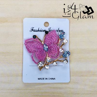 Pink Butterfly Broach with Blue Rhinestone Gold Stem