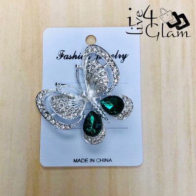 Silver Tone Butterfly Broach Green Rhinestone