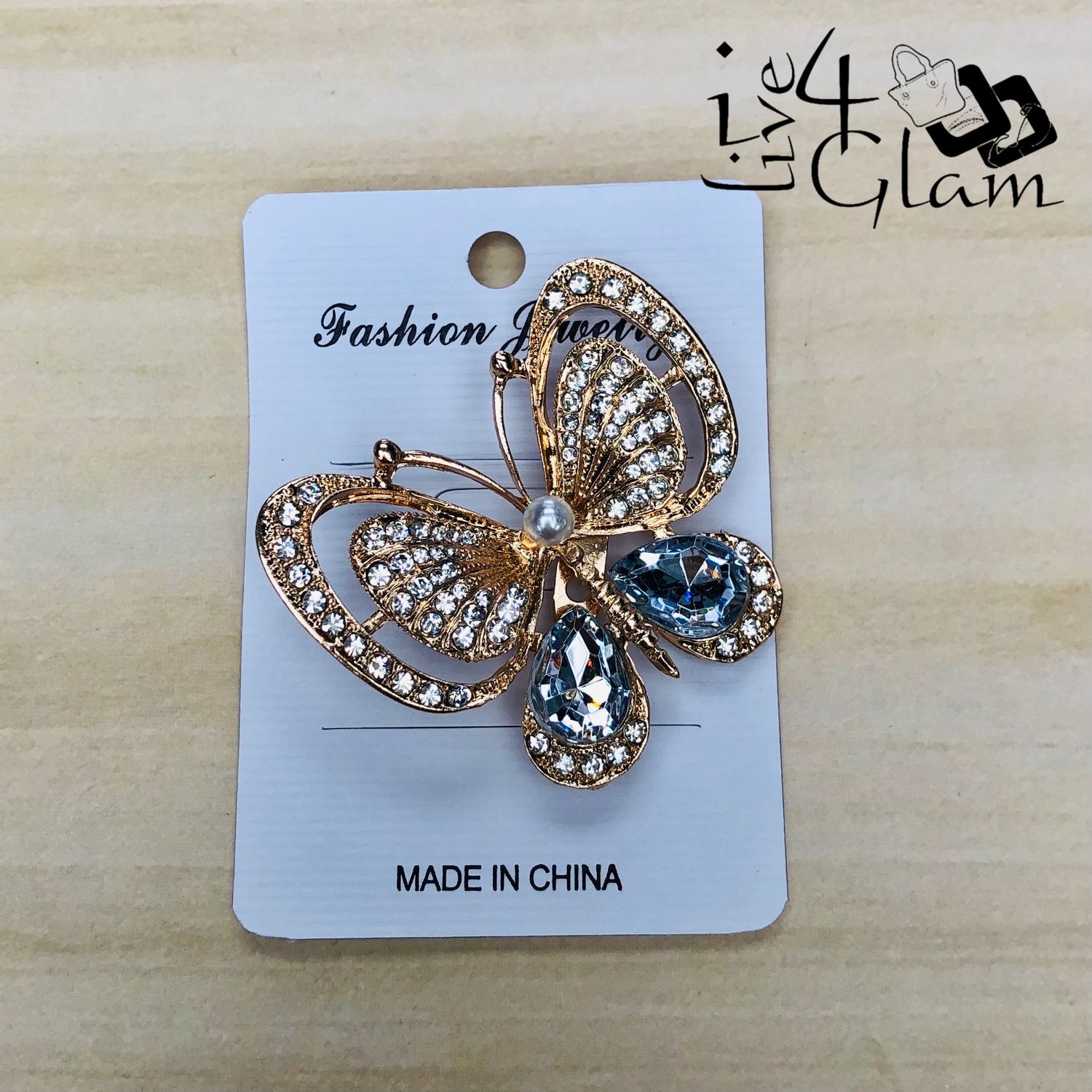 Gold Tone Butterfly Broach Light Blue Rhinestone
