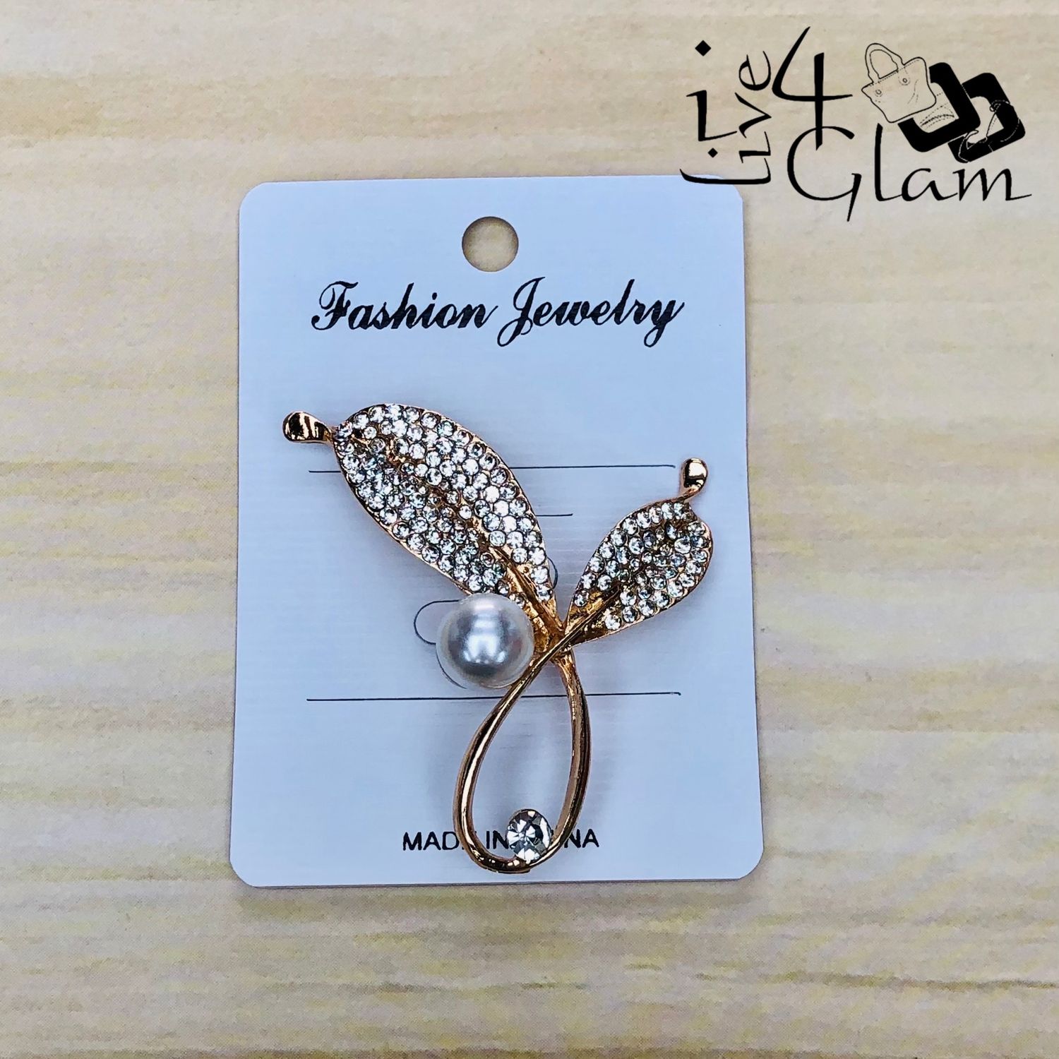 Gold Tone Double Leaf Faux Pearl Broach