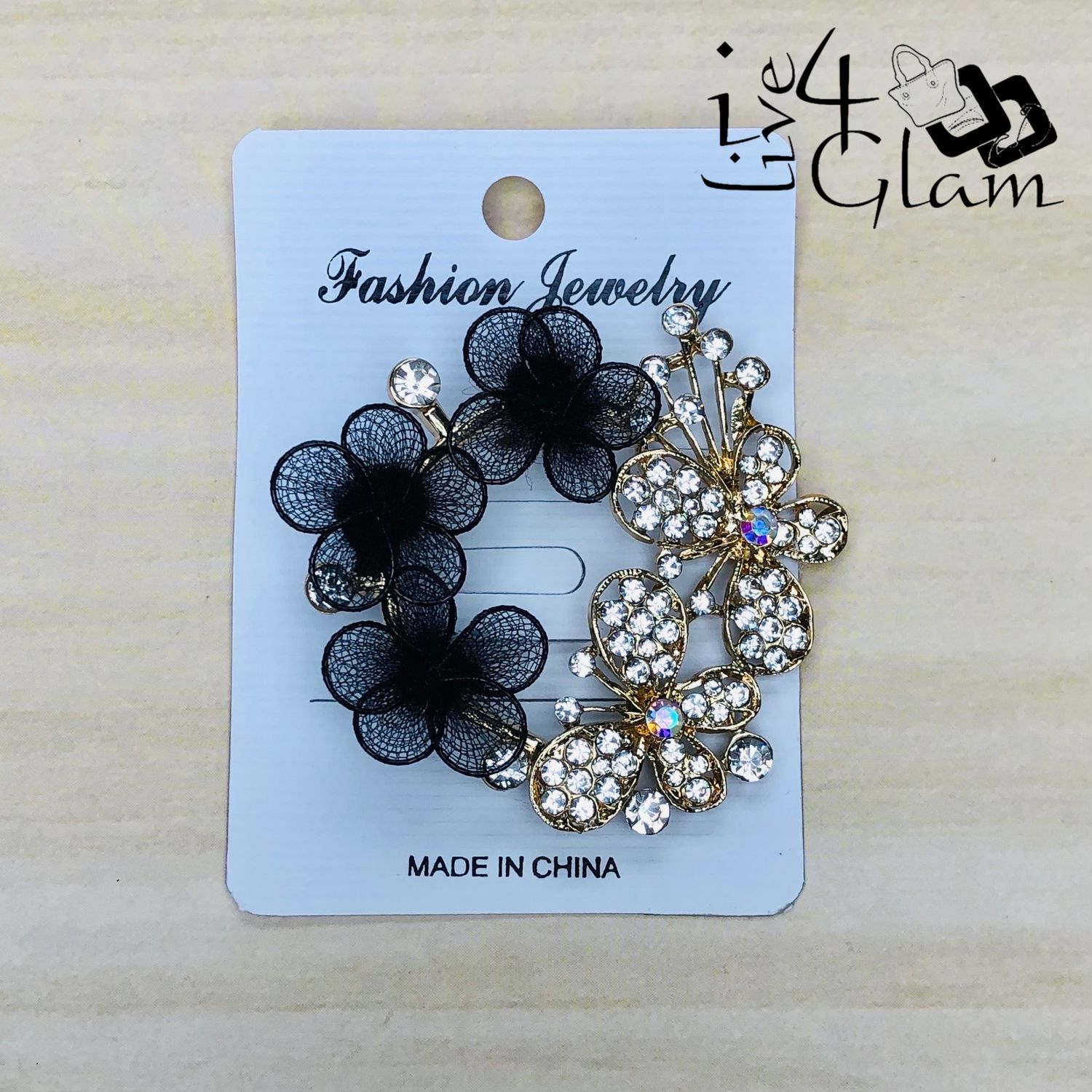 Black Triple Flower with Gold Butterfly Broach