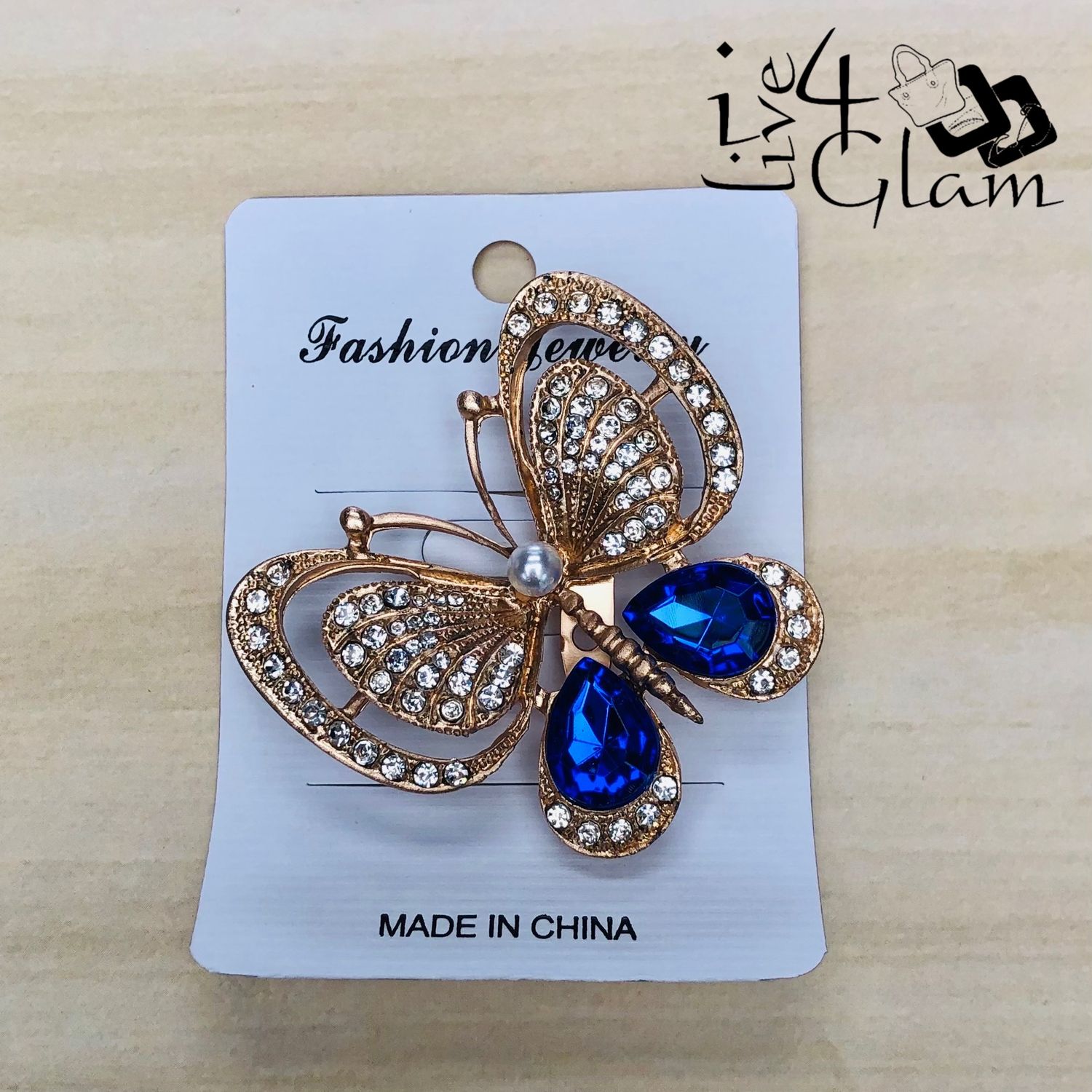 Gold Tone Butterfly Broach Blue Rhinestone