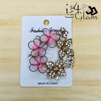 Black Outline Pink Triple Flower with Gold Butterfly Broach