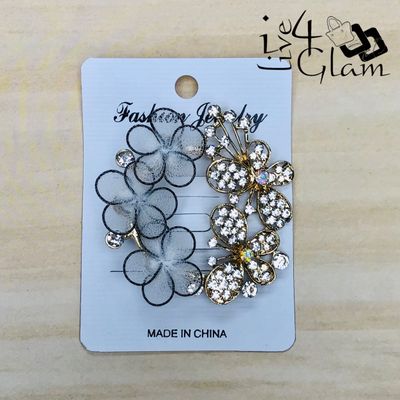 Black Outline Triple Flower with Gold Butterfly Broach