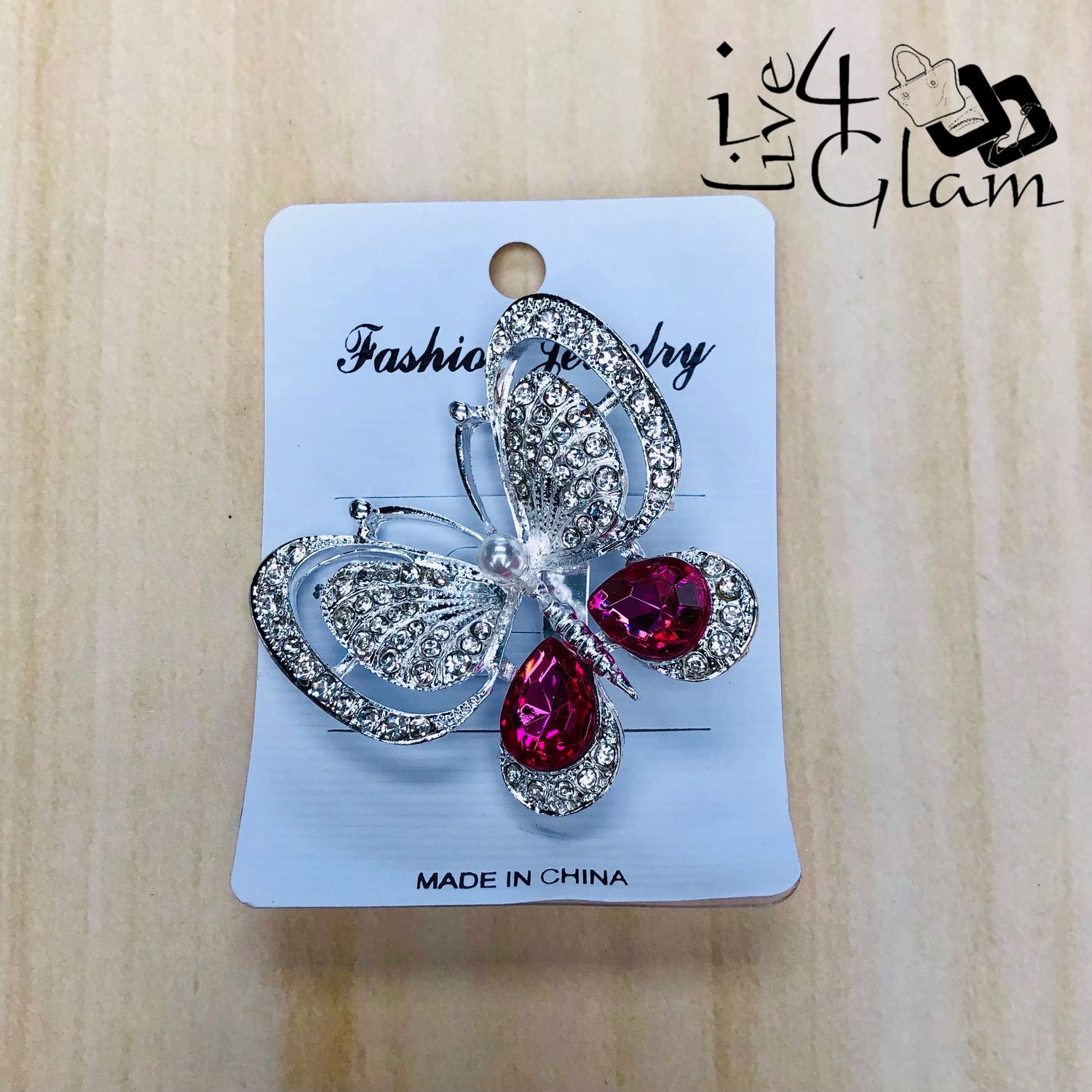 Silver Tone Butterfly Broach Pink Rhinestone