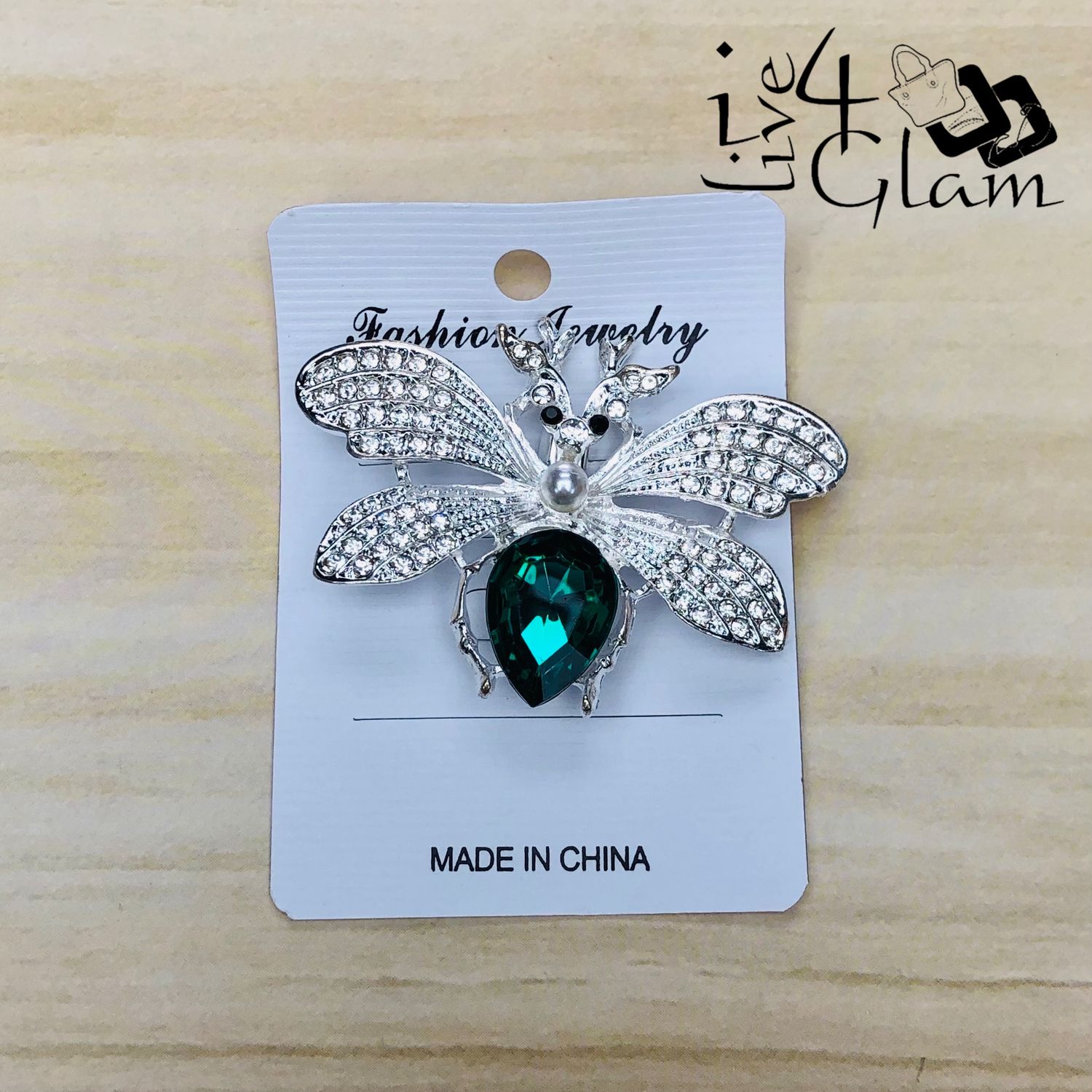 Silver Tone Firefly Broach with Green Rhinestone