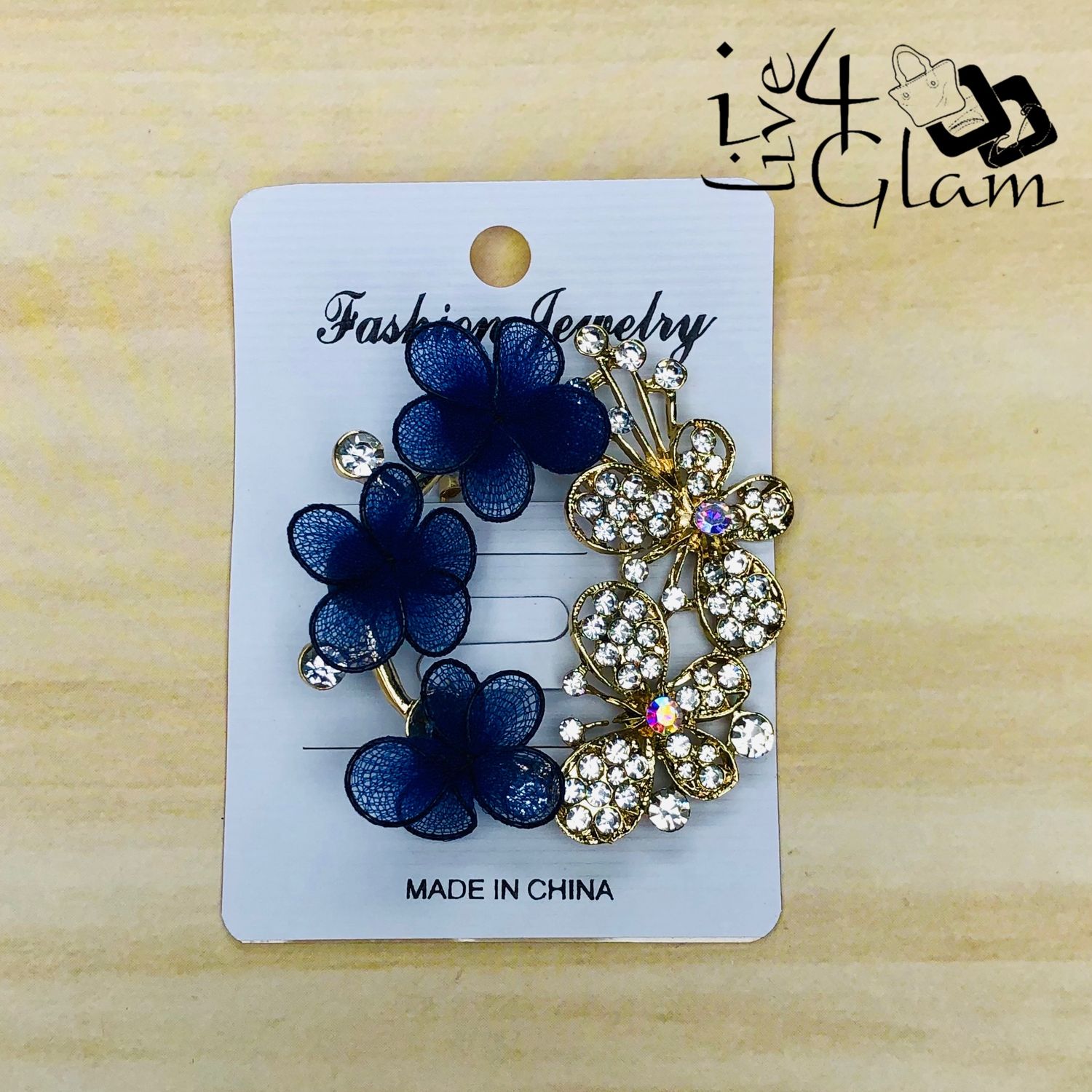 Blue Triple Flower with Gold Butterfly Broach