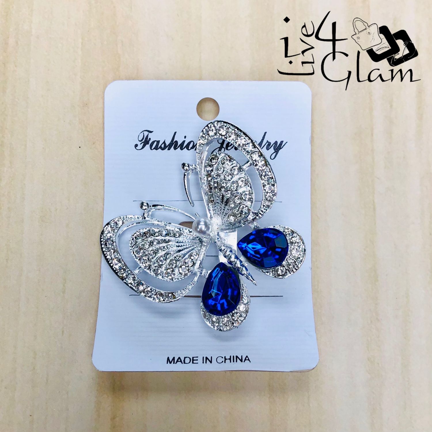 Silver Tone Butterfly Broach Blue Rhinestone