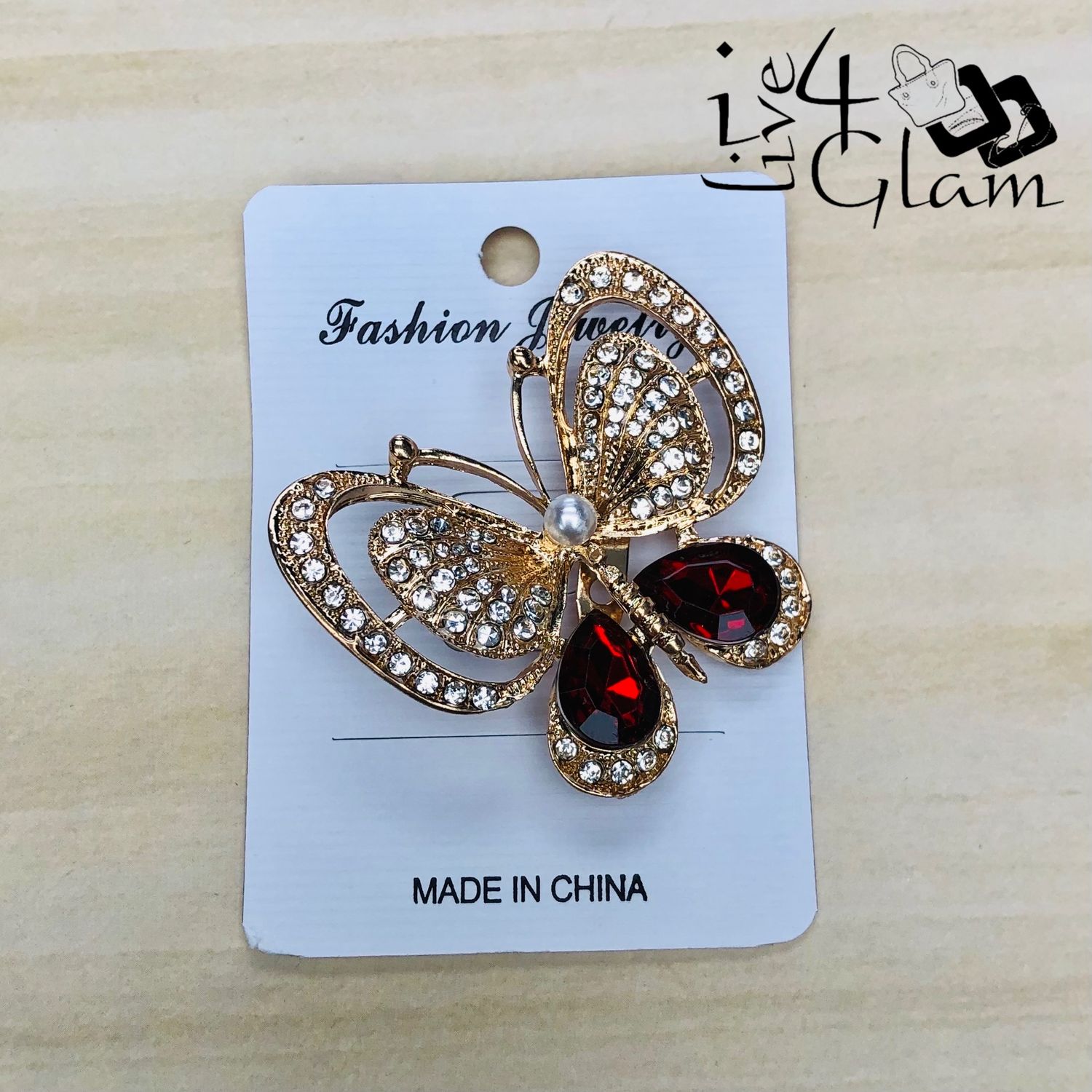 Gold Tone Butterfly Broach Red Rhinestone