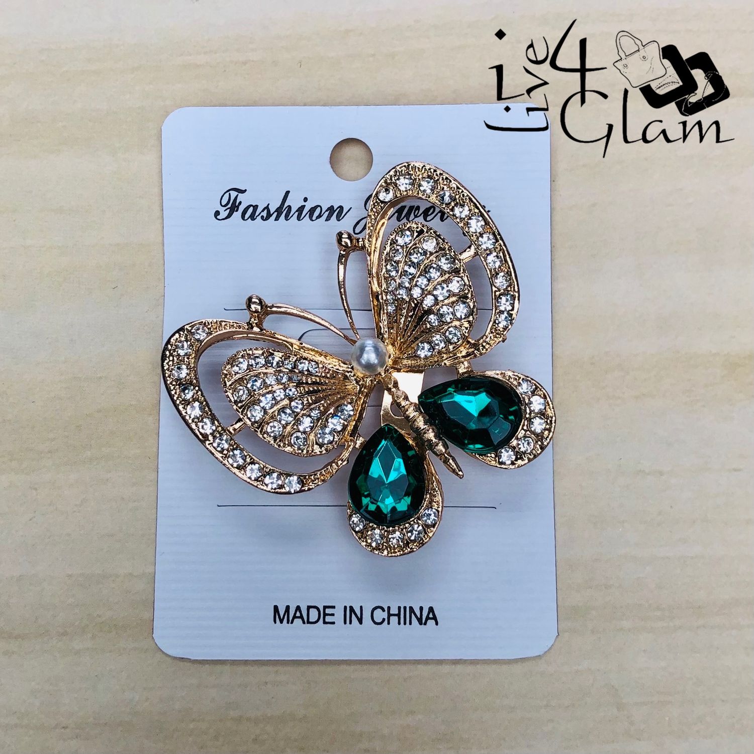 Gold Tone Butterfly Broach Green Rhinestone