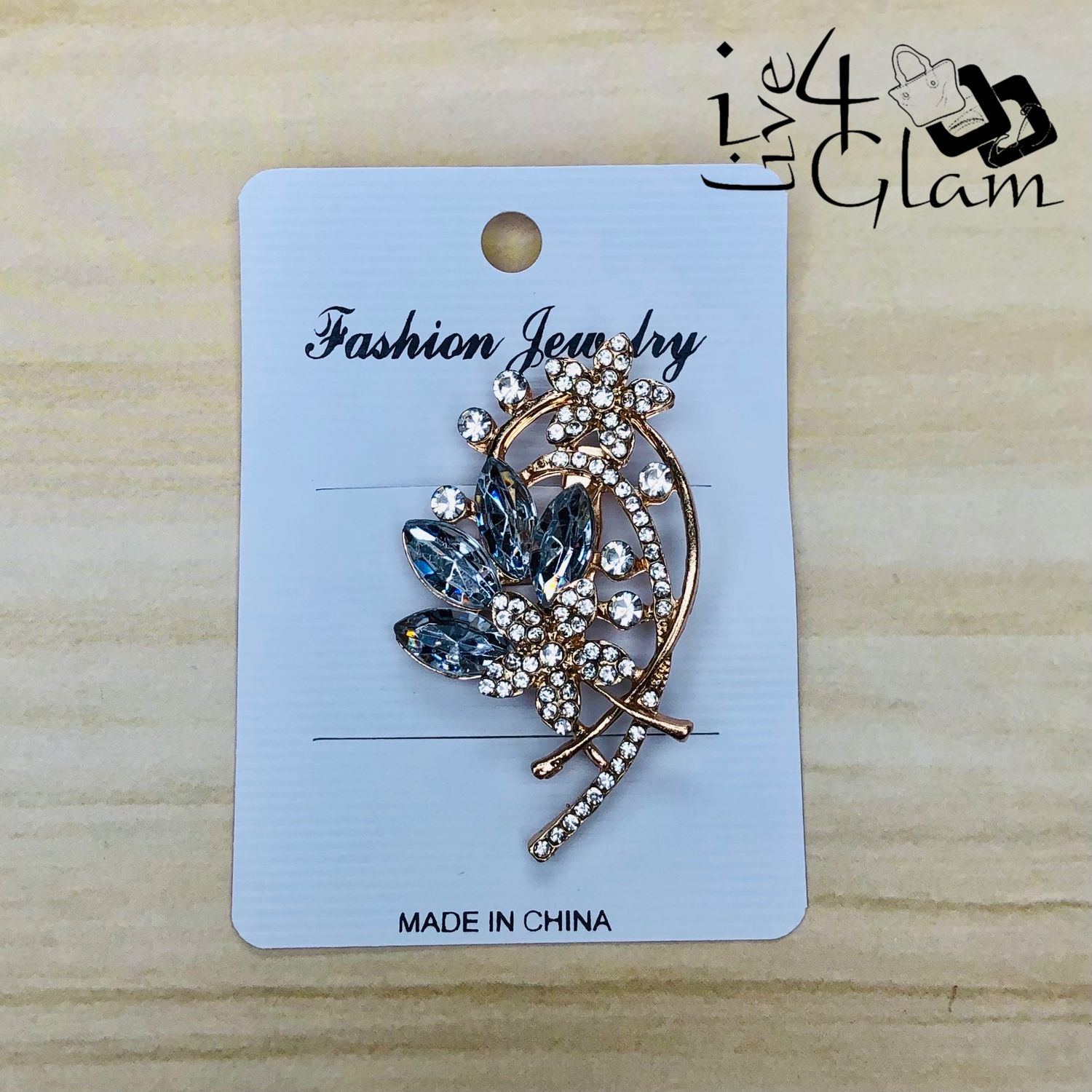 Gold Tone Flower Clear Rhinestone Broach