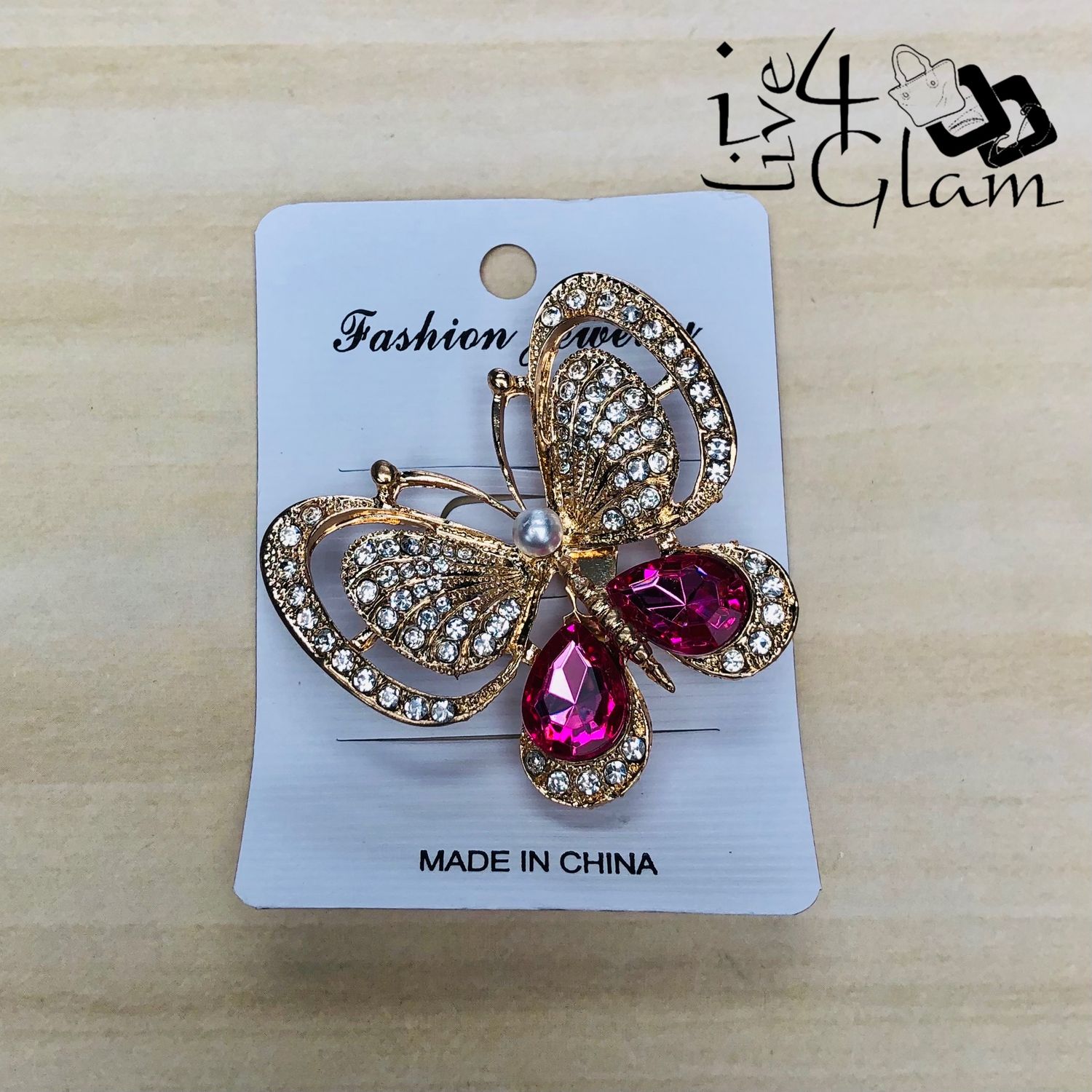 Gold Tone Butterfly Broach Pink Rhinestone