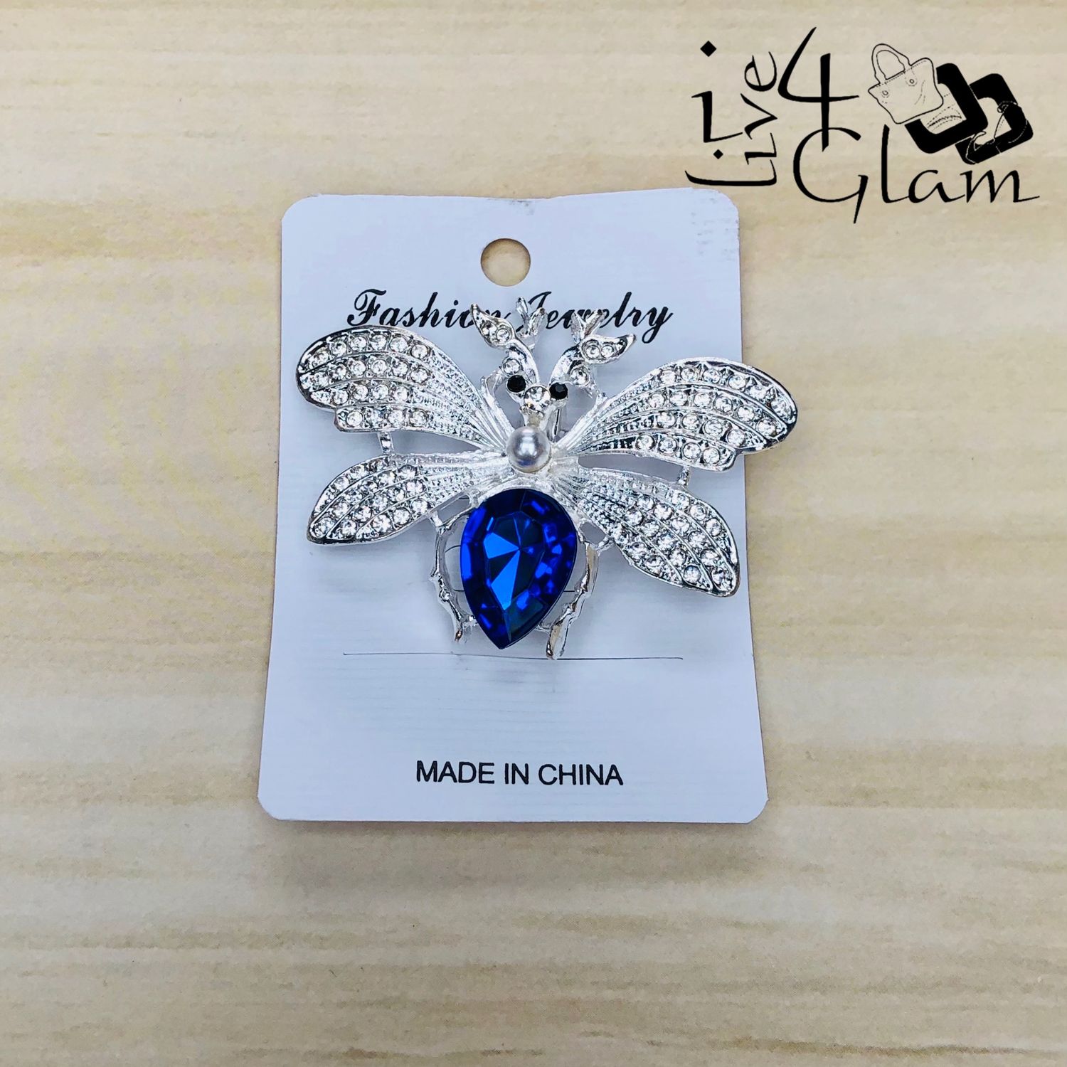 Silver Tone Firefly Broach with Blue Rhinestone