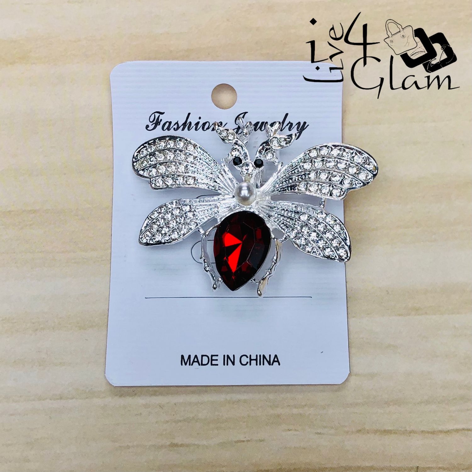 Silver Tone Firefly Broach with Red Rhinestone