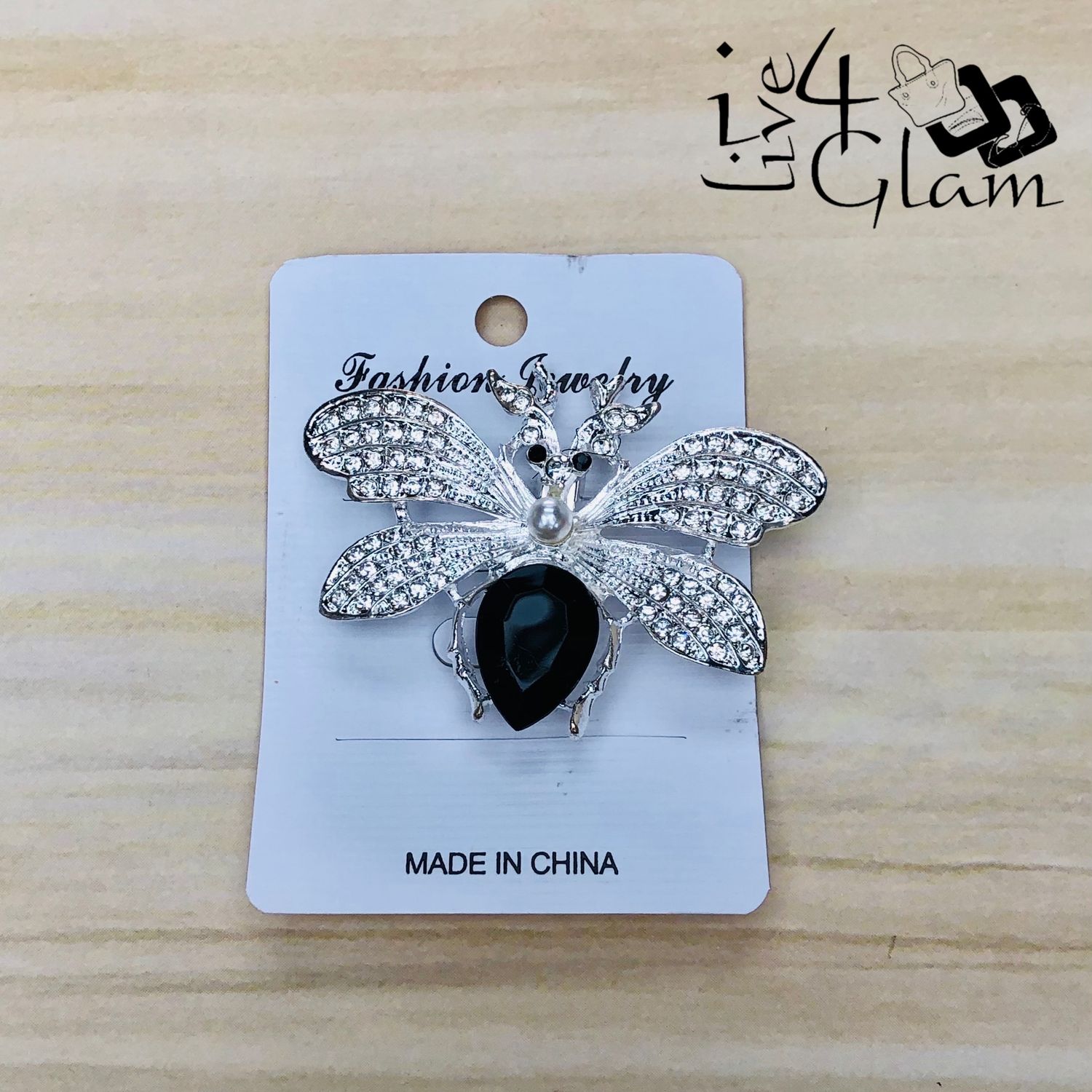 Silver Tone Firefly Broach with Black Rhinestone