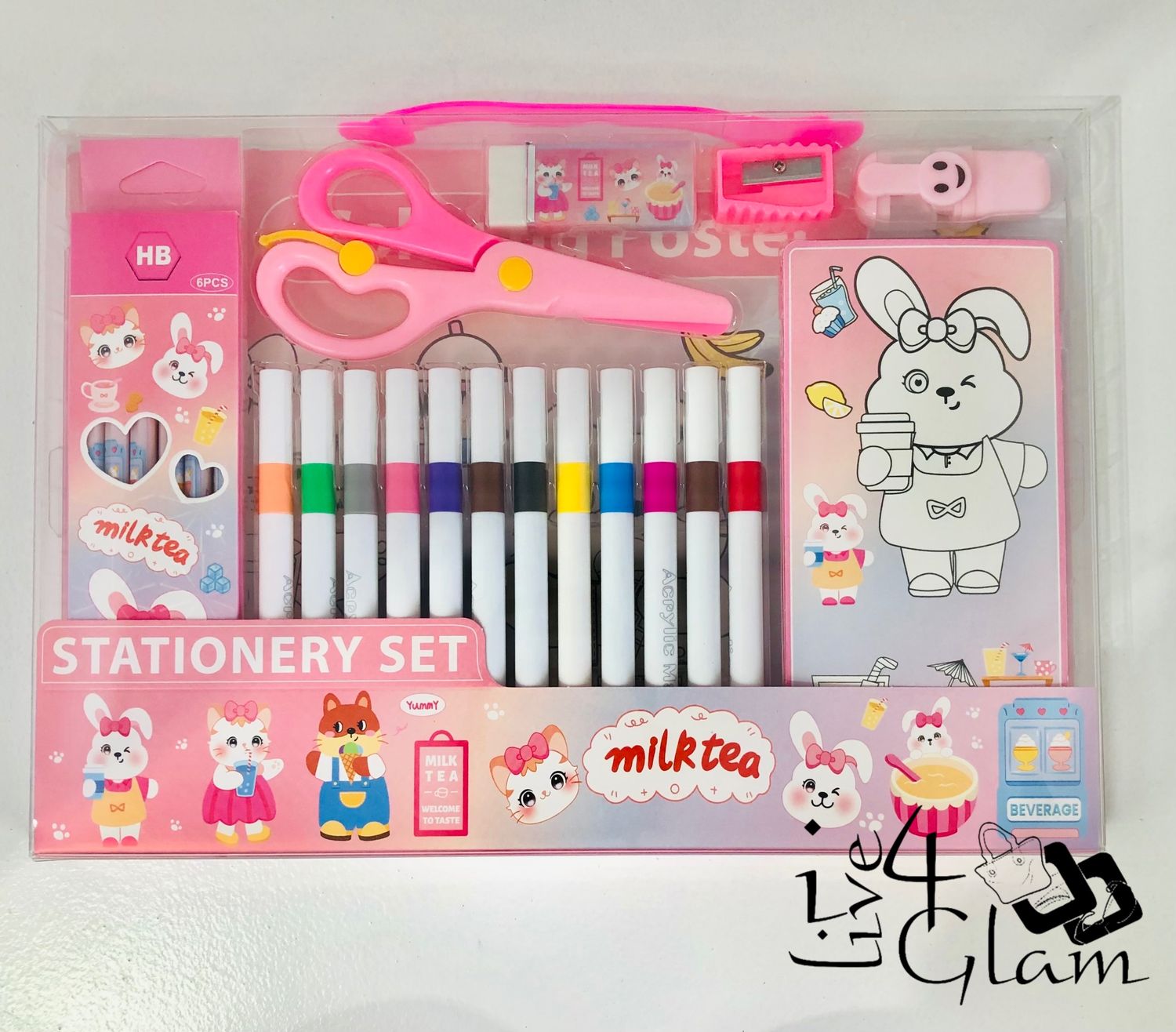 Stationery Set Pink Markers, Sharpener, Eraser