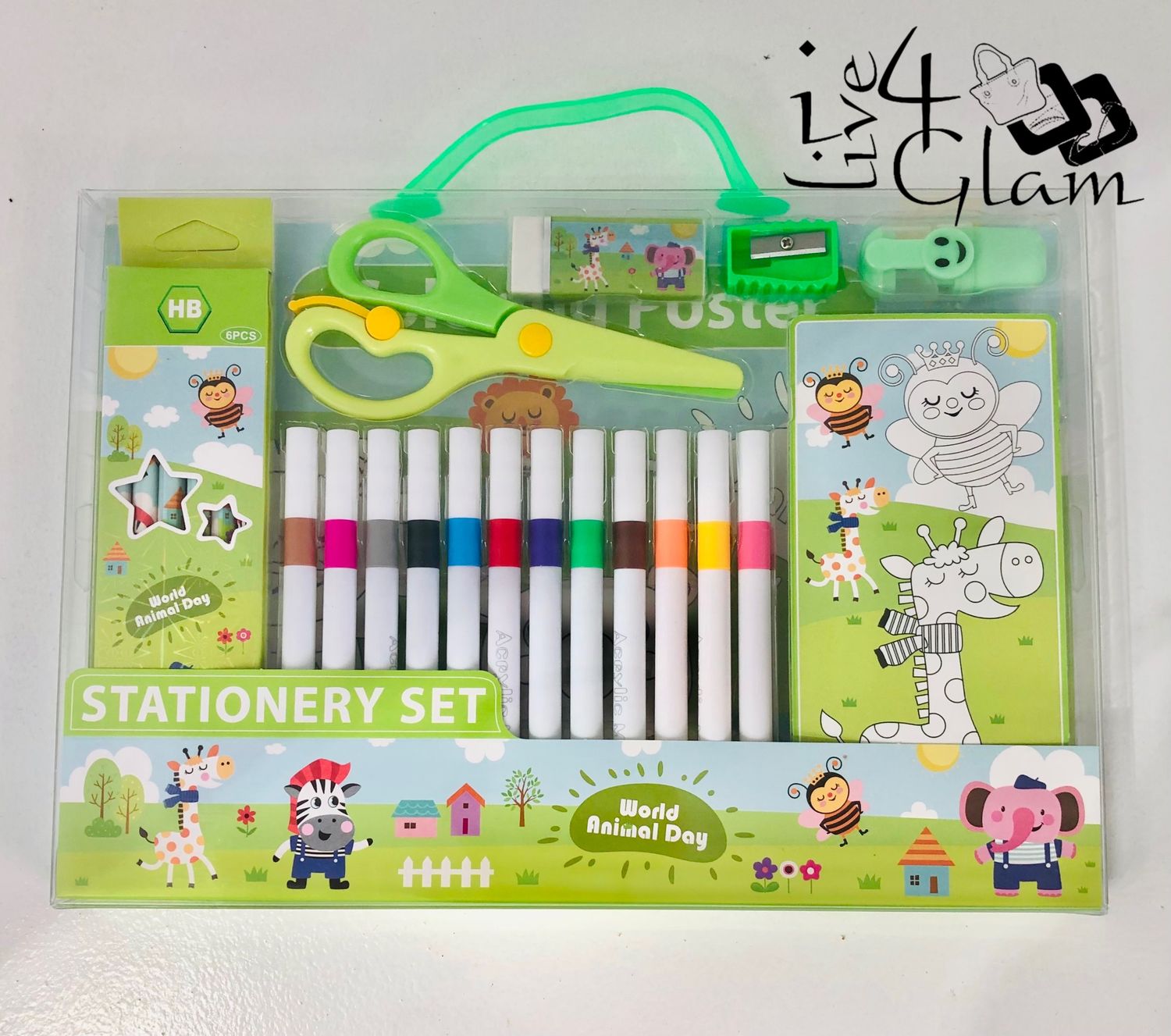 Stationery Set Green Markers, Sharpener, Eraser