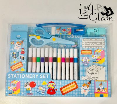 Stationery Set Blue Markers, Sharpener, Eraser
