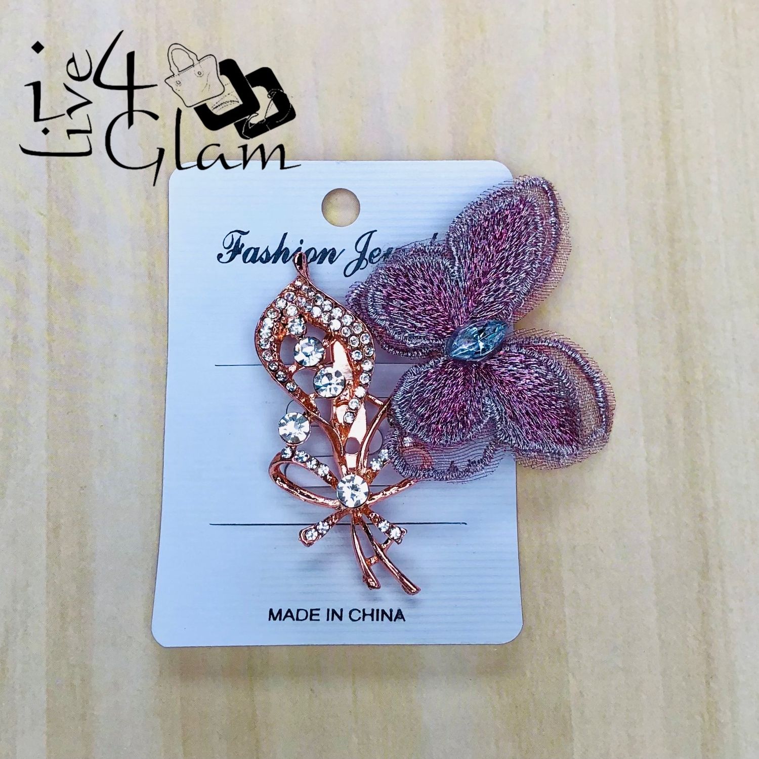 Pink Butterfly Shaped Broach with Rhinestone Rose Gold Stem