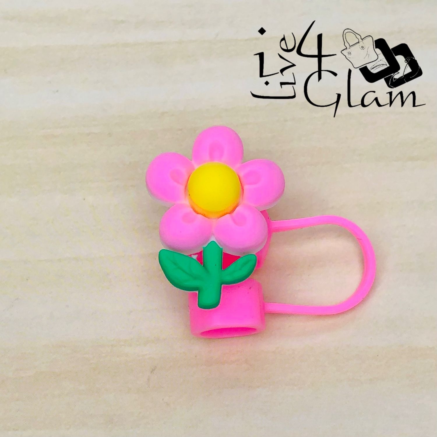 Large Daisy w Leaf Flower Straw Cover, Color: Light Pink