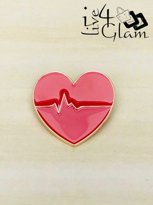 Medical Enamel Pin Red Heart w Gold Heartbeat