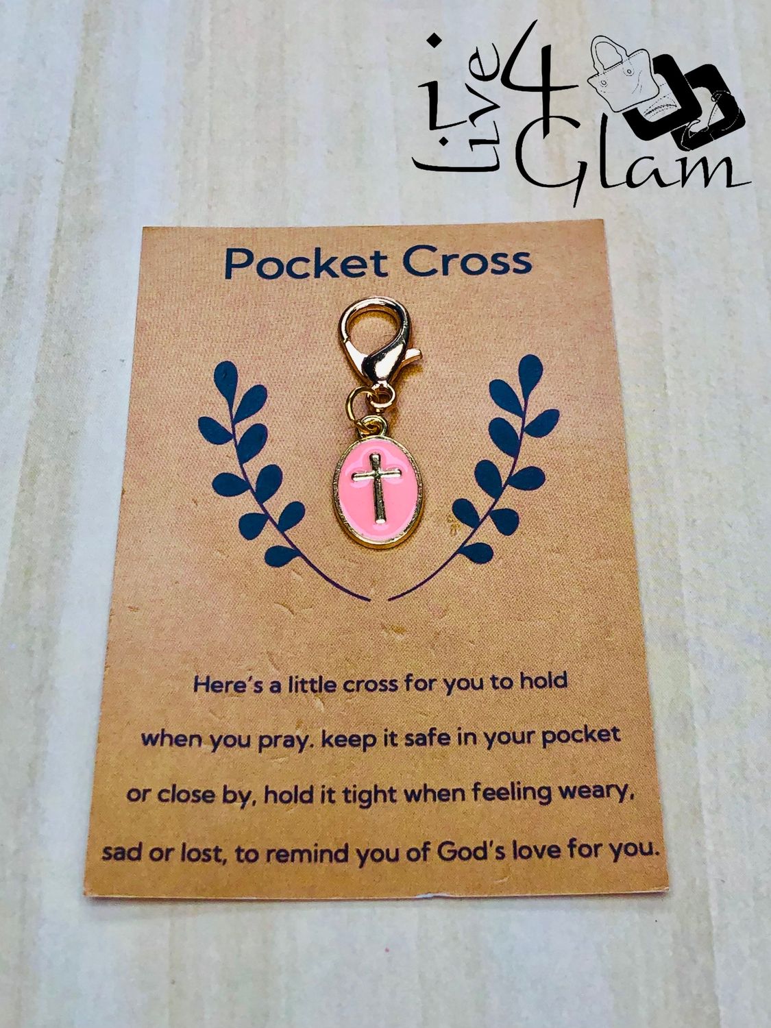 Cross Charm Keychain with Inspirational Card Pink
