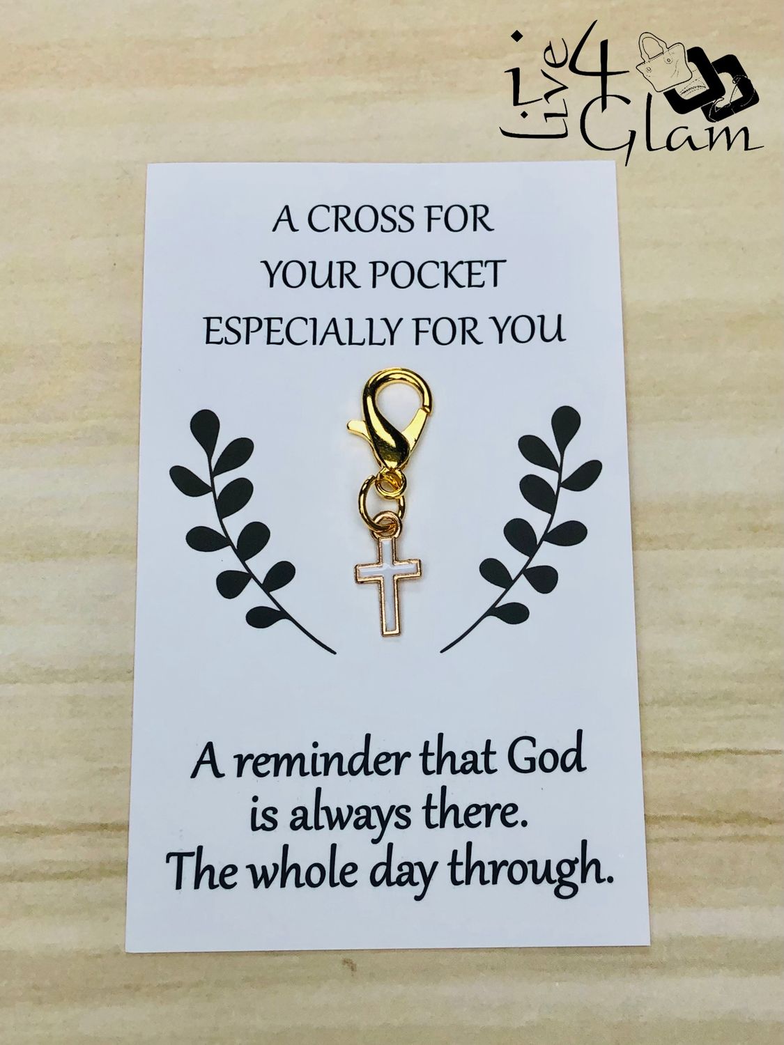 Cross Pocket Charm with Inspirational Card White