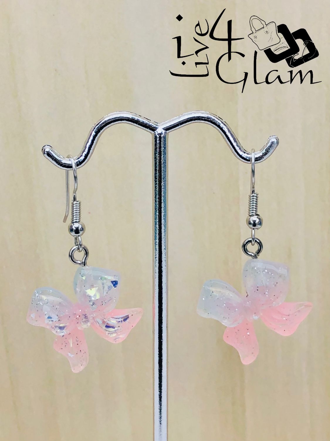 Fashion Hanging Earring Bow Iridescent and Light Pink