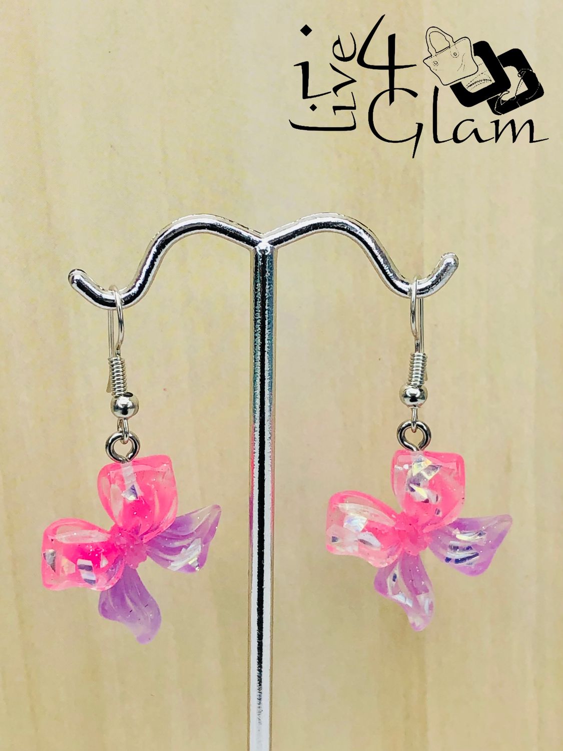 Fashion Hanging Earring Bow Iridescent Pink and Purple