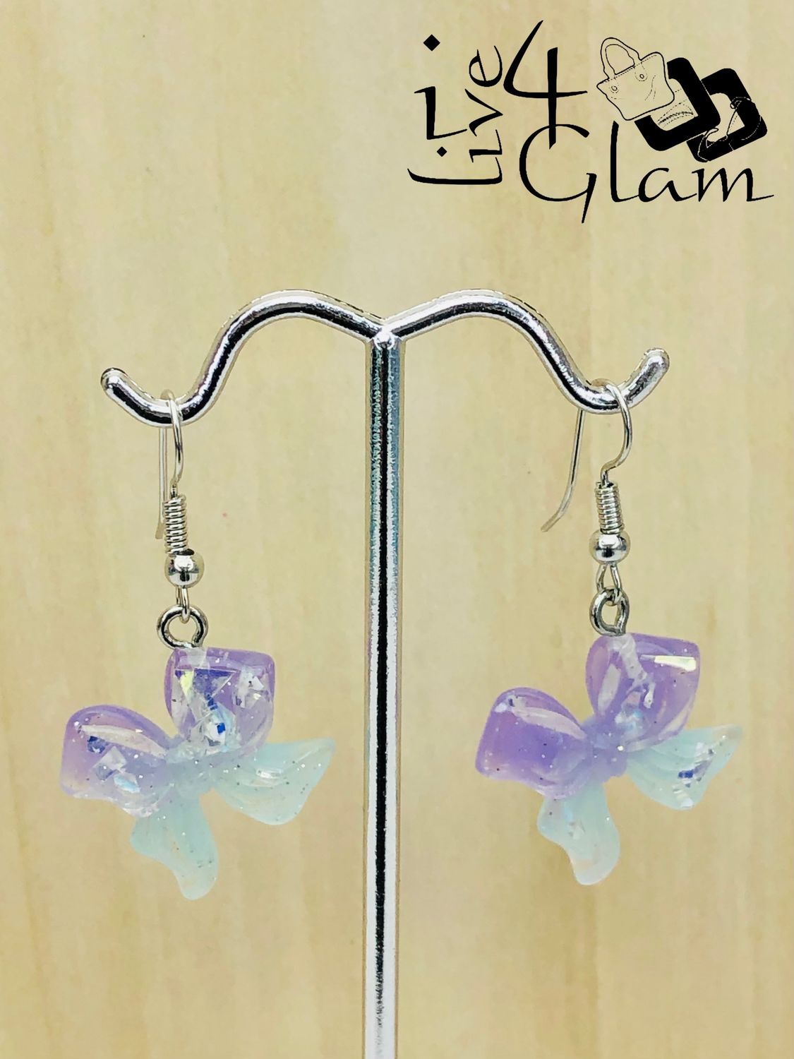 Fashion Hanging Earring Bow Iridescent Purple and Blue