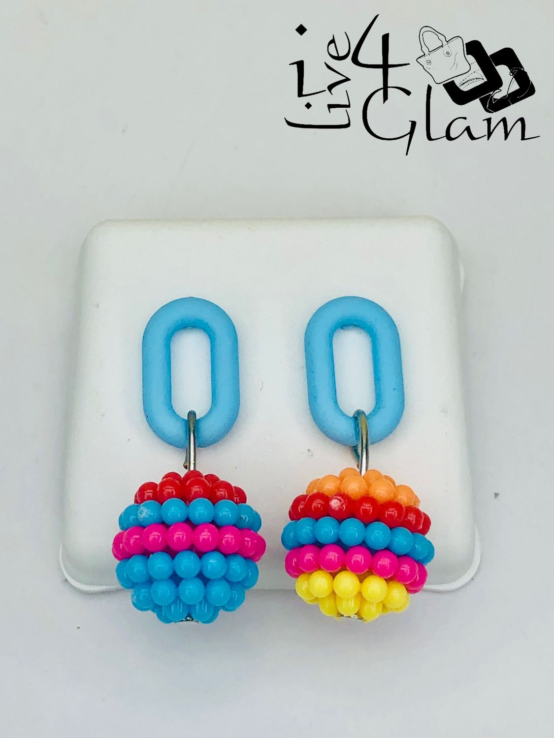 Fashion Hanging Earring Blue Paperclip Rainbow Beaded Ball