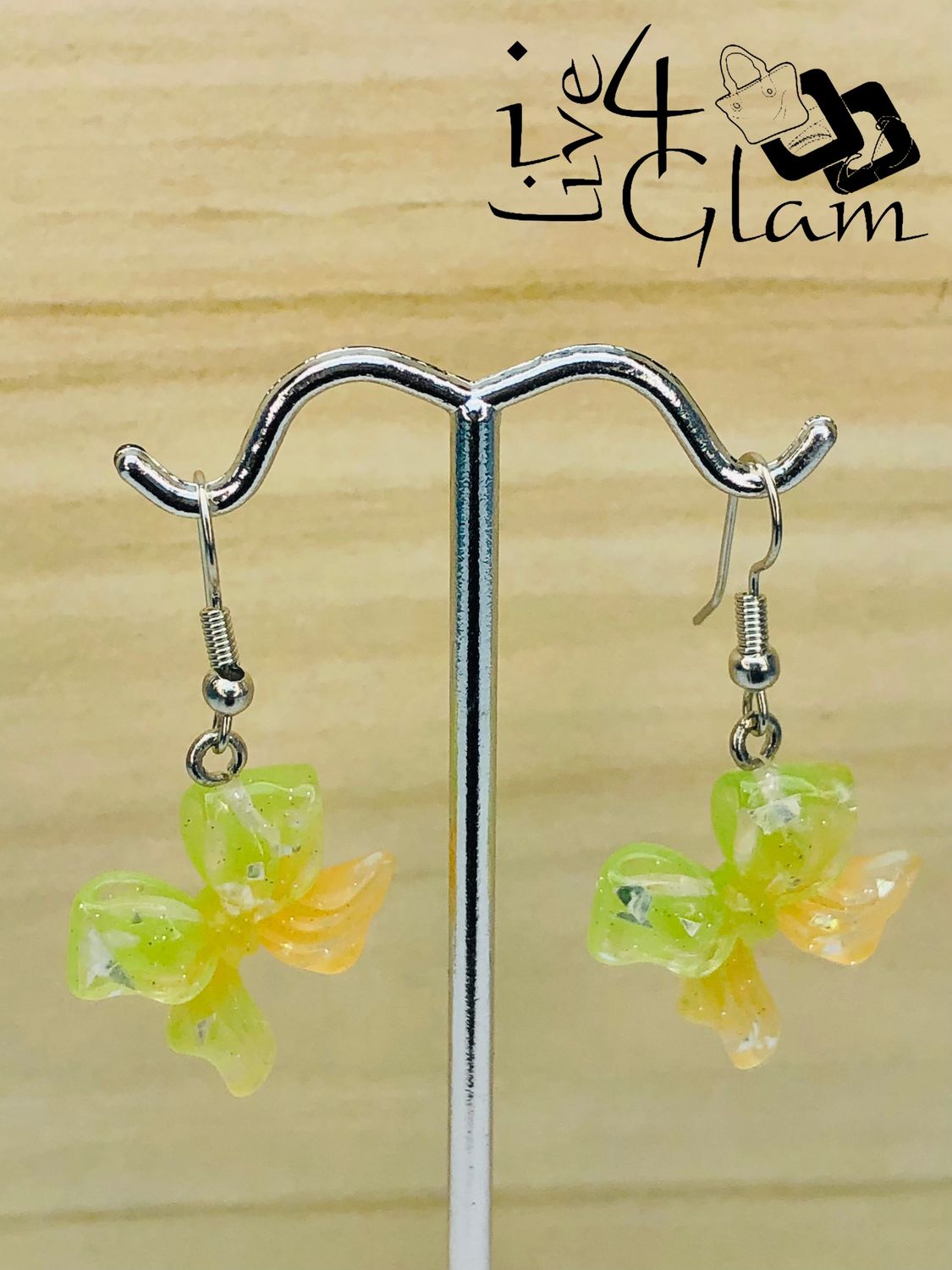 Fashion Hanging Earring Bow Iridescent Green and Yellow